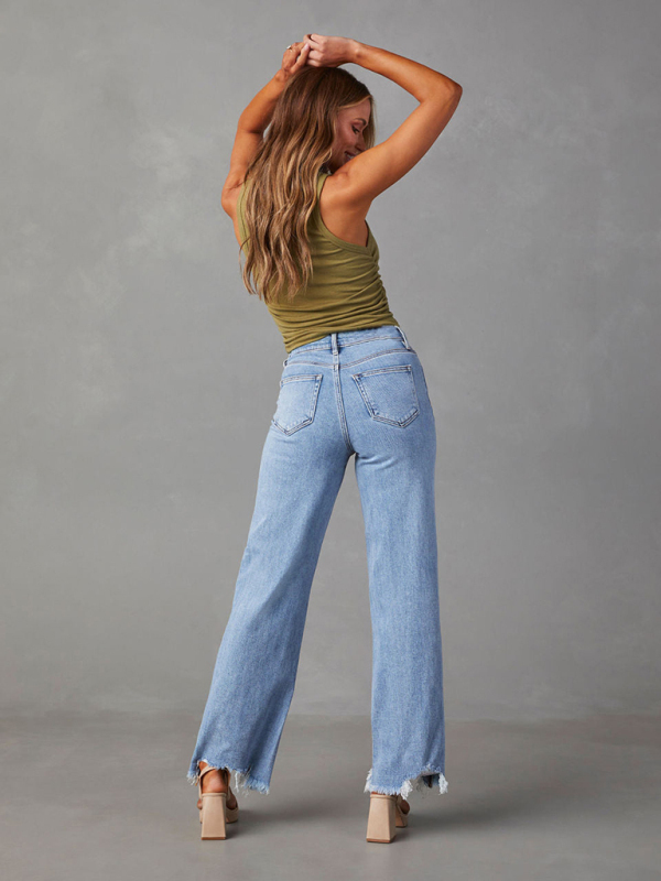 Ladies Loose Casual Fashion Simple Tassel Straight Jeans-chiquechics