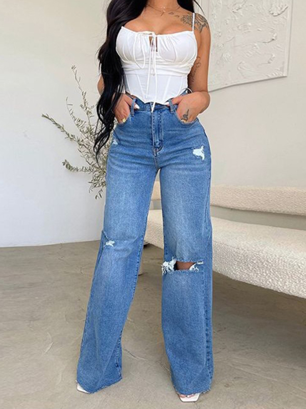 Women's long high waist ripped raw edge comfortable wide leg jeans-chiquechics