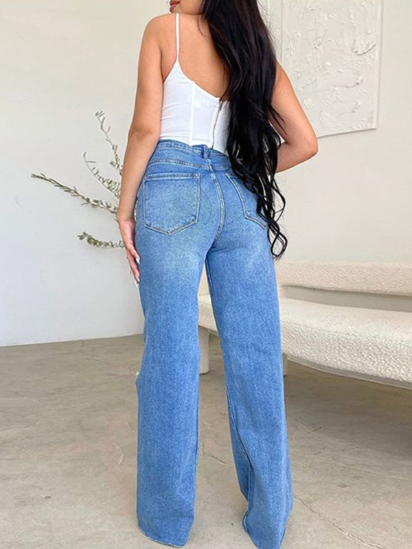 Women's long high waist ripped raw edge comfortable wide leg jeans-chiquechics