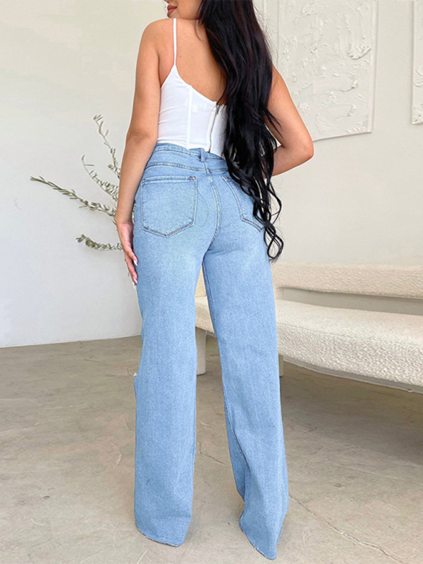 Women's long high waist ripped raw edge comfortable wide leg jeans-chiquechics