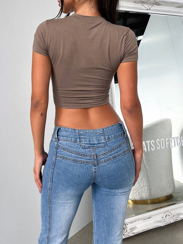 Y2K solid color slim fit cropped short-sleeved top-chiquechics