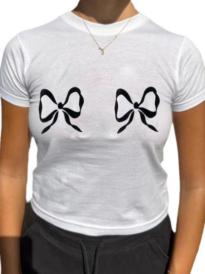 New short-sleeved street solid color bow print round neck casual T-shirt-chiquechics