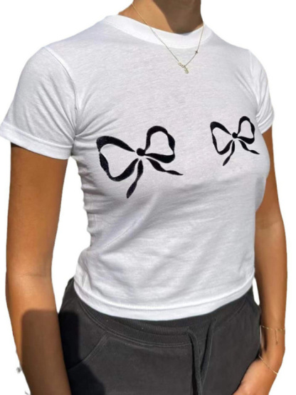 New short-sleeved street solid color bow print round neck casual T-shirt-chiquechics