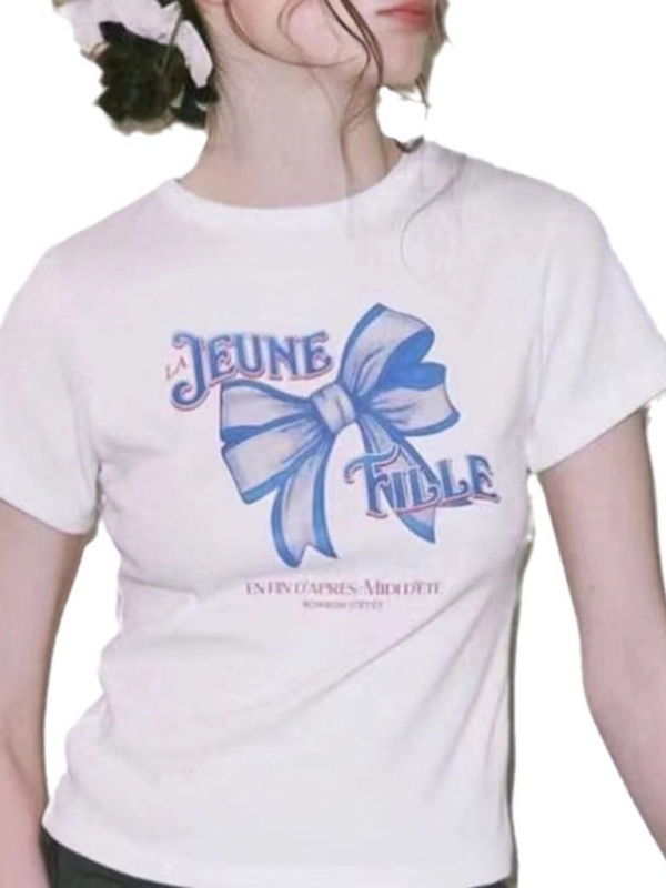 New short-sleeved street solid color bow print round neck casual T-shirt-chiquechics