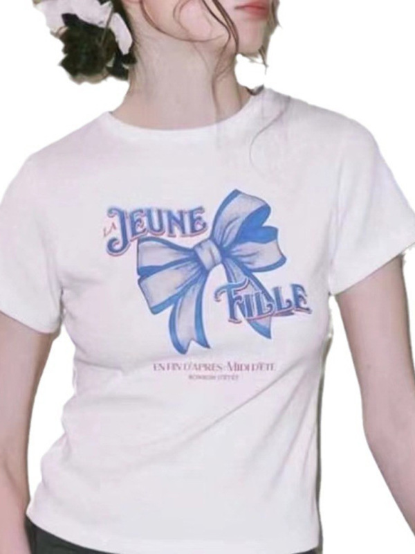 New short-sleeved street solid color bow print round neck casual T-shirt-chiquechics