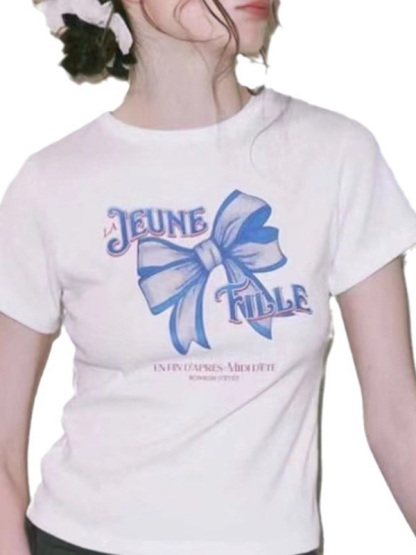 New short-sleeved street solid color bow print round neck casual T-shirt-chiquechics
