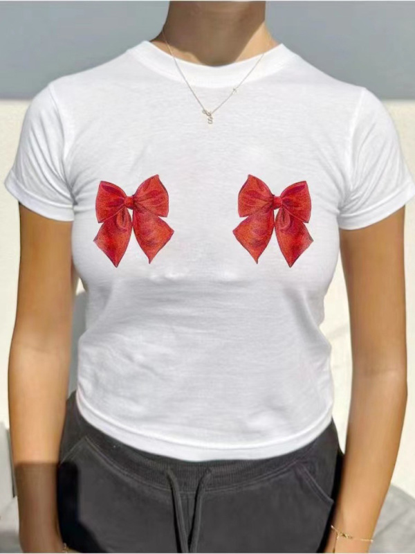 New short-sleeved street solid color bow print round neck casual T-shirt-chiquechics