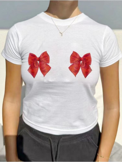 New short-sleeved street solid color bow print round neck casual T-shirt-chiquechics