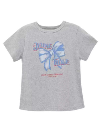 New short-sleeved street solid color bow print round neck casual T-shirt-chiquechics
