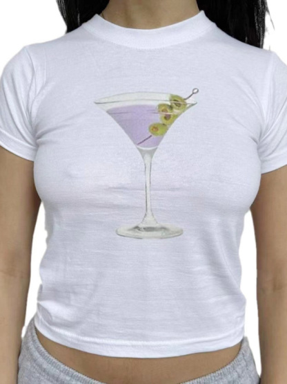 New short-sleeved street solid color bow print round neck casual T-shirt-chiquechics