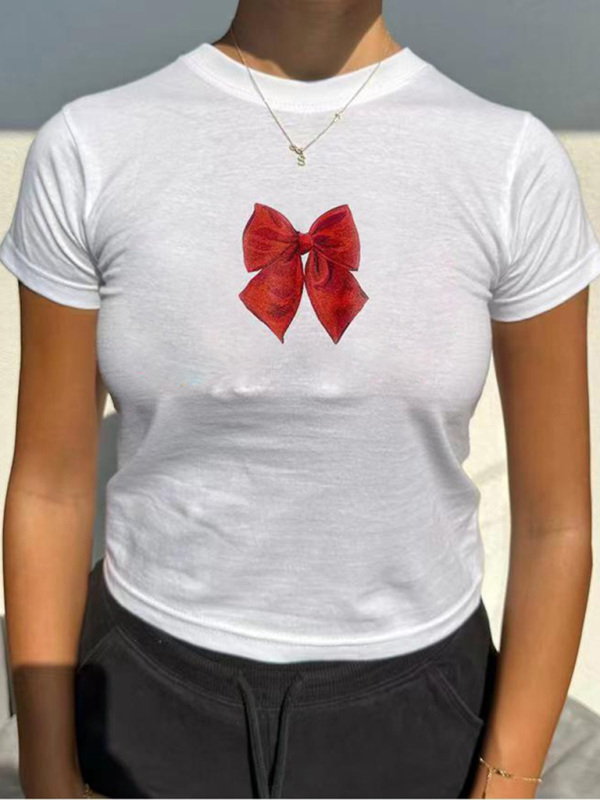 New short-sleeved street solid color bow print round neck casual T-shirt-chiquechics