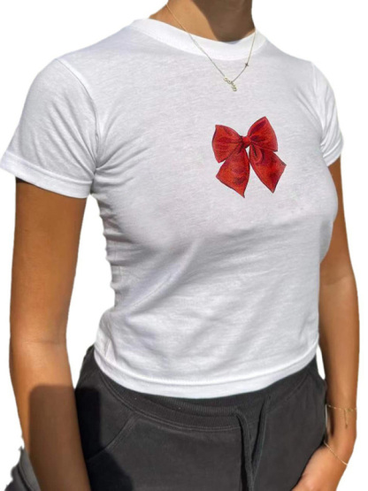 New short-sleeved street solid color bow print round neck casual T-shirt-chiquechics