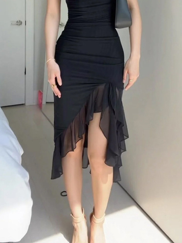 Fashionable mesh dress with irregular ear-cut waist and elegant pleat design-chiquechics
