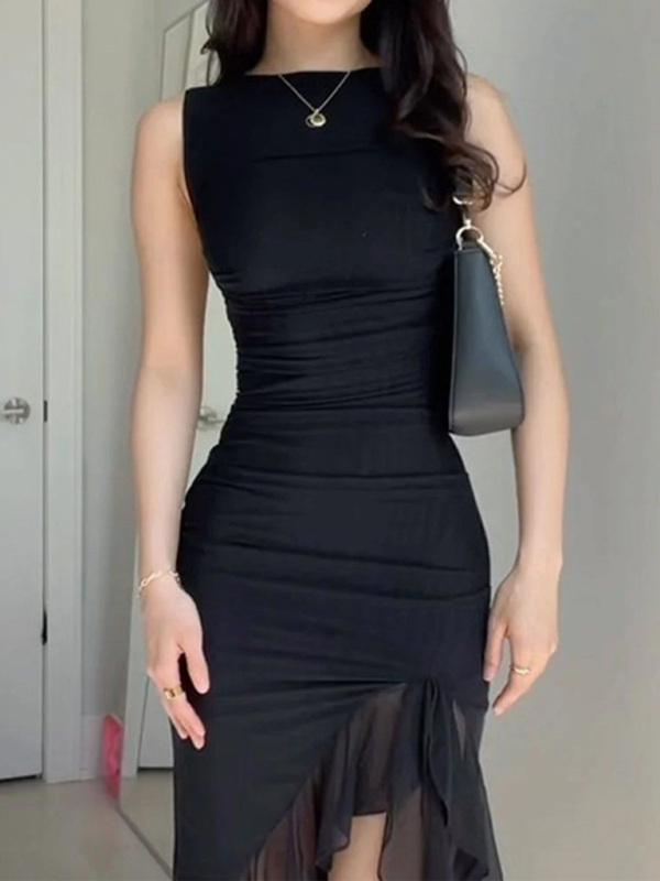 Fashionable mesh dress with irregular ear-cut waist and elegant pleat design-chiquechics