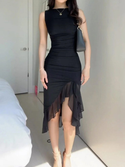 Fashionable mesh dress with irregular ear-cut waist and elegant pleat design-chiquechics