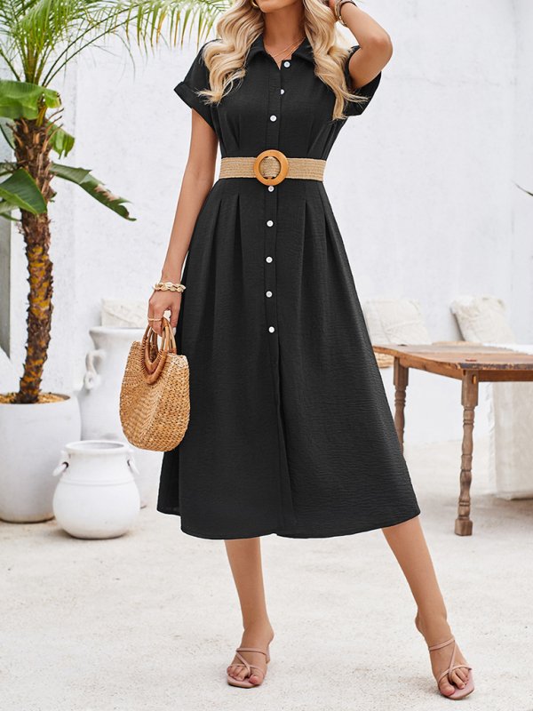 New solid color lapel single-breasted short-sleeved pleated dress-chiquechics