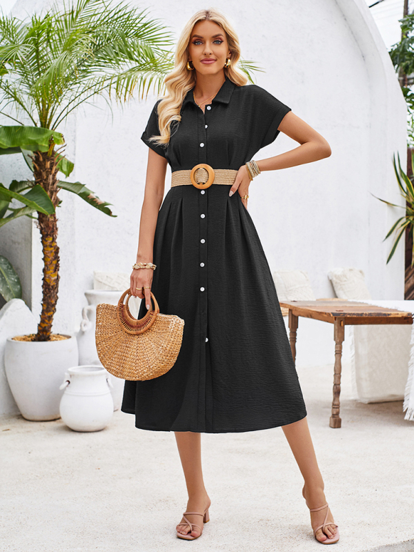 New solid color lapel single-breasted short-sleeved pleated dress-chiquechics