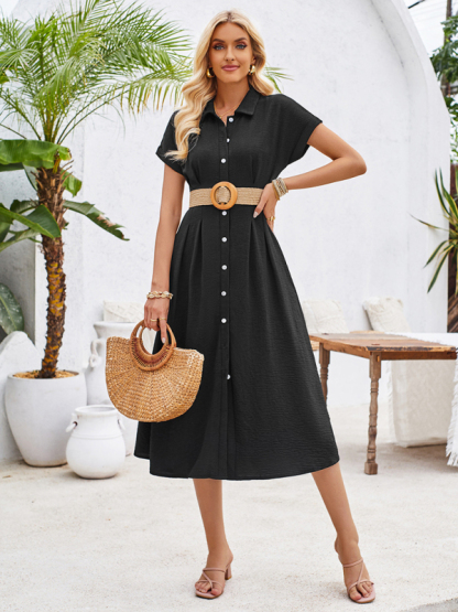 New solid color lapel single-breasted short-sleeved pleated dress-chiquechics