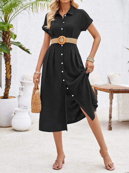 New solid color lapel single-breasted short-sleeved pleated dress-chiquechics