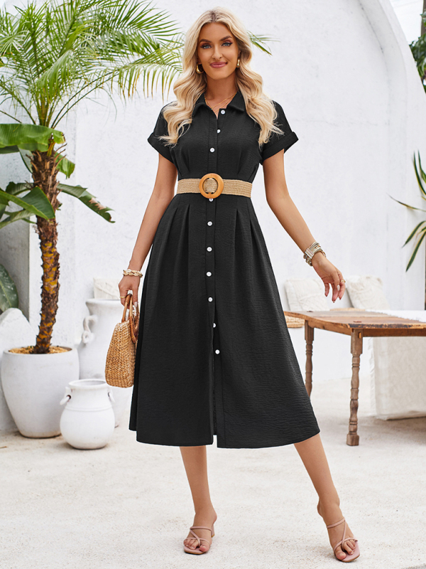 New solid color lapel single-breasted short-sleeved pleated dress-chiquechics