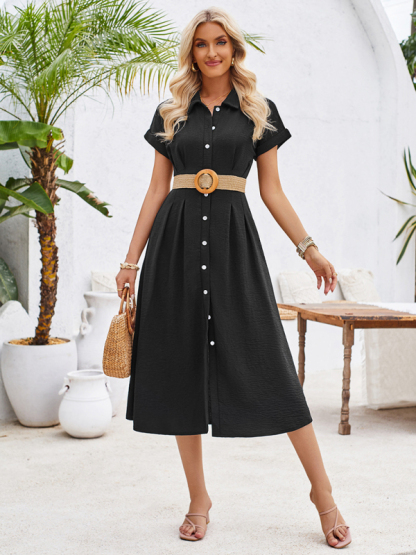 New solid color lapel single-breasted short-sleeved pleated dress-chiquechics