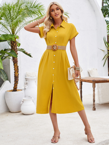 New solid color lapel single-breasted short-sleeved pleated dress-chiquechics