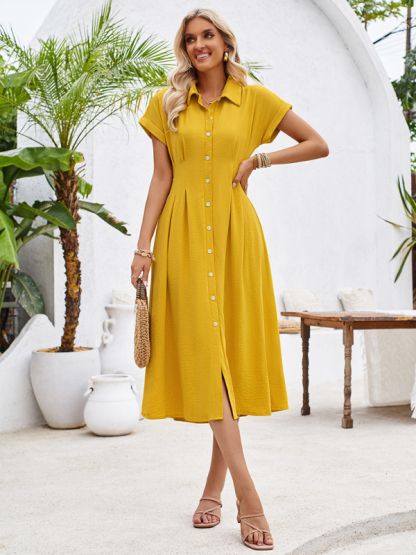 New solid color lapel single-breasted short-sleeved pleated dress-chiquechics