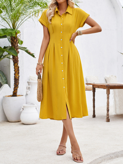 New solid color lapel single-breasted short-sleeved pleated dress-chiquechics