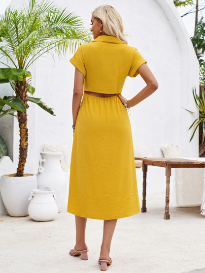 New solid color lapel single-breasted short-sleeved pleated dress-chiquechics