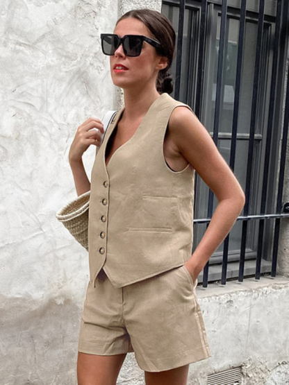 New V-neck sleeveless vest vest shorts suit-chiquechics