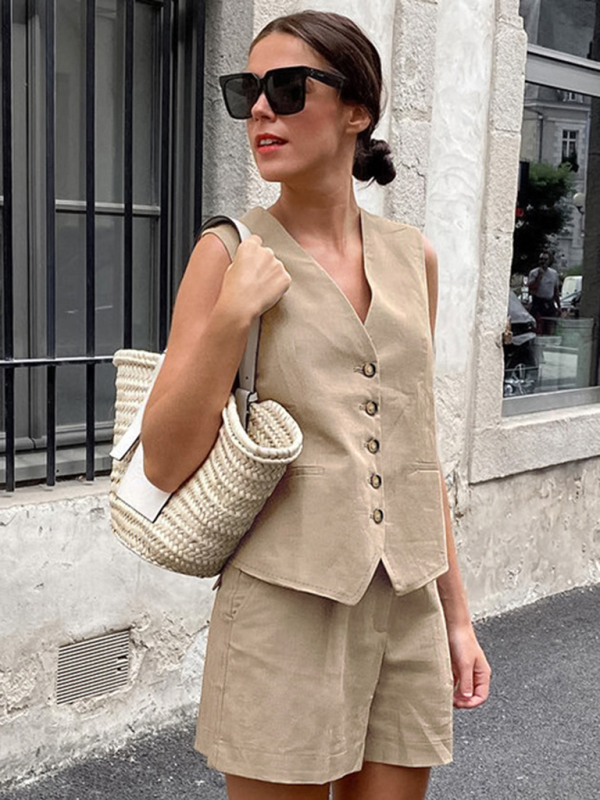 New V-neck sleeveless vest vest shorts suit-chiquechics