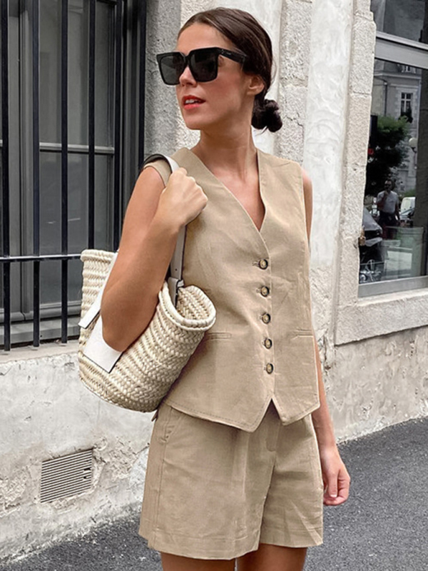 New V-neck sleeveless vest vest shorts suit-chiquechics