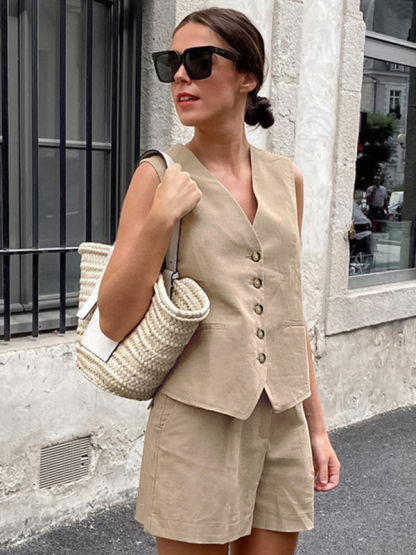 New V-neck sleeveless vest vest shorts suit-chiquechics