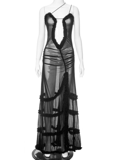 New suspender hollow pleated lace slit dress-chiquechics