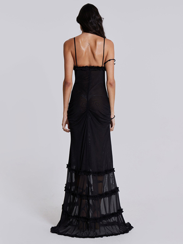 New suspender hollow pleated lace slit dress-chiquechics