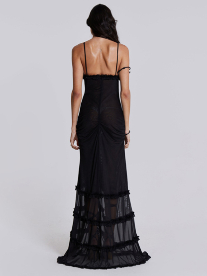 New suspender hollow pleated lace slit dress-chiquechics