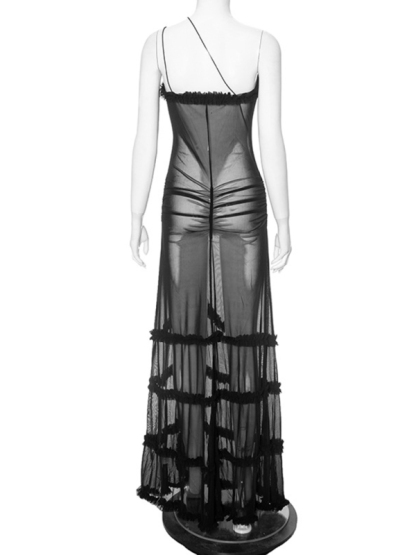 New suspender hollow pleated lace slit dress-chiquechics