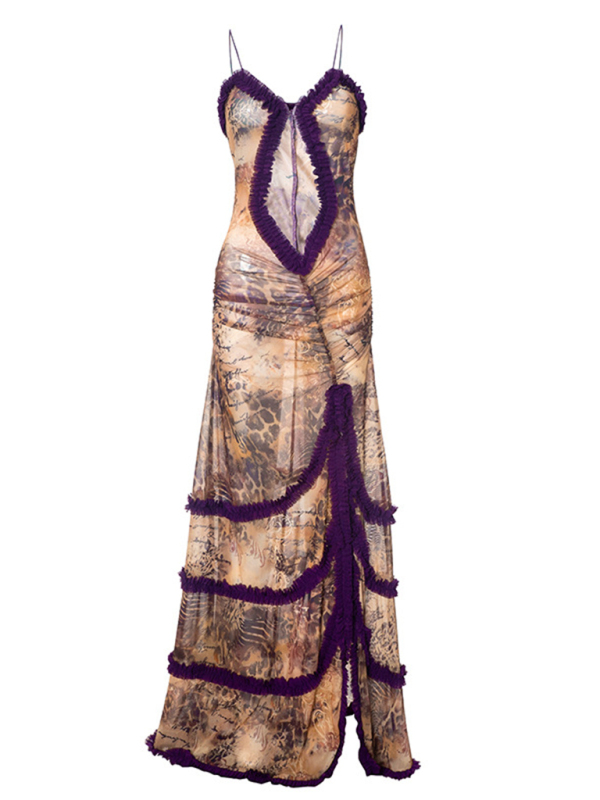 New suspender hollow pleated lace slit dress-chiquechics