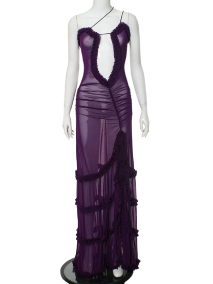 New suspender hollow pleated lace slit dress-chiquechics