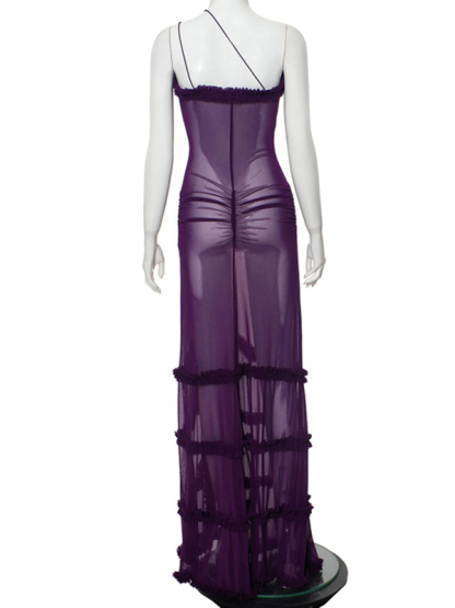 New suspender hollow pleated lace slit dress-chiquechics