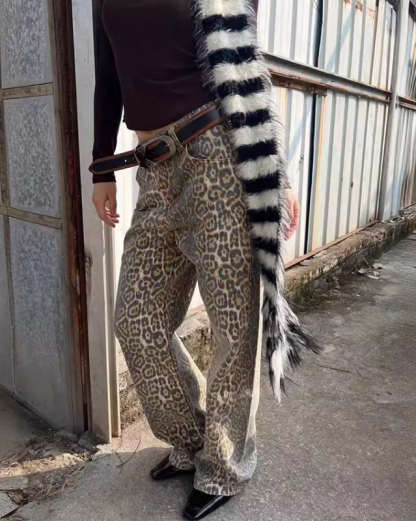 New retro leopard print street straight wide leg loose denim trousers-chiquechics