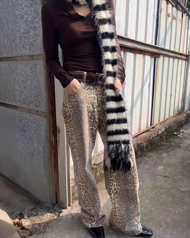 New retro leopard print street straight wide leg loose denim trousers-chiquechics