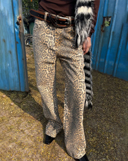 New retro leopard print street straight wide leg loose denim trousers-chiquechics