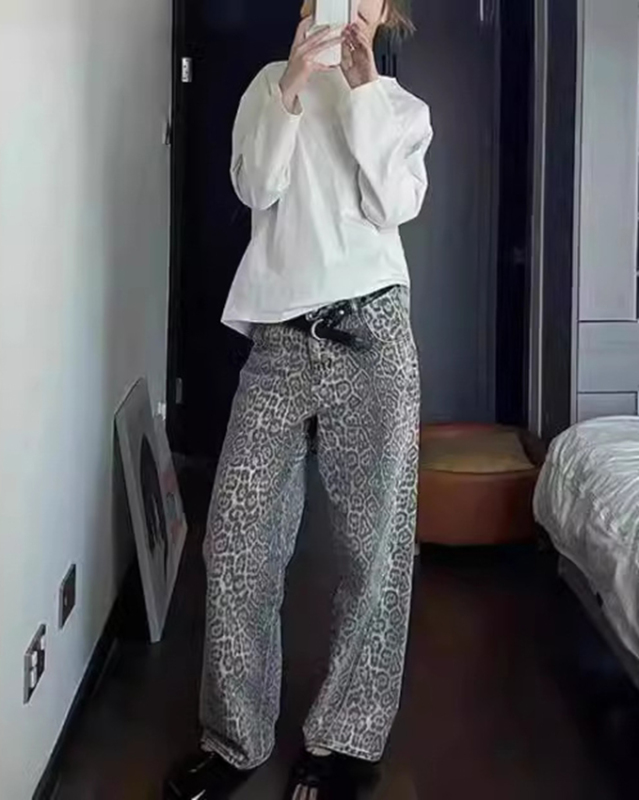 New retro leopard print street straight wide leg loose denim trousers-chiquechics