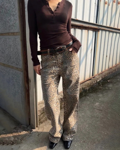 New retro leopard print street straight wide leg loose denim trousers-chiquechics