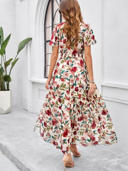 Spring and summer new temperament casual printed waist dress-chiquechics