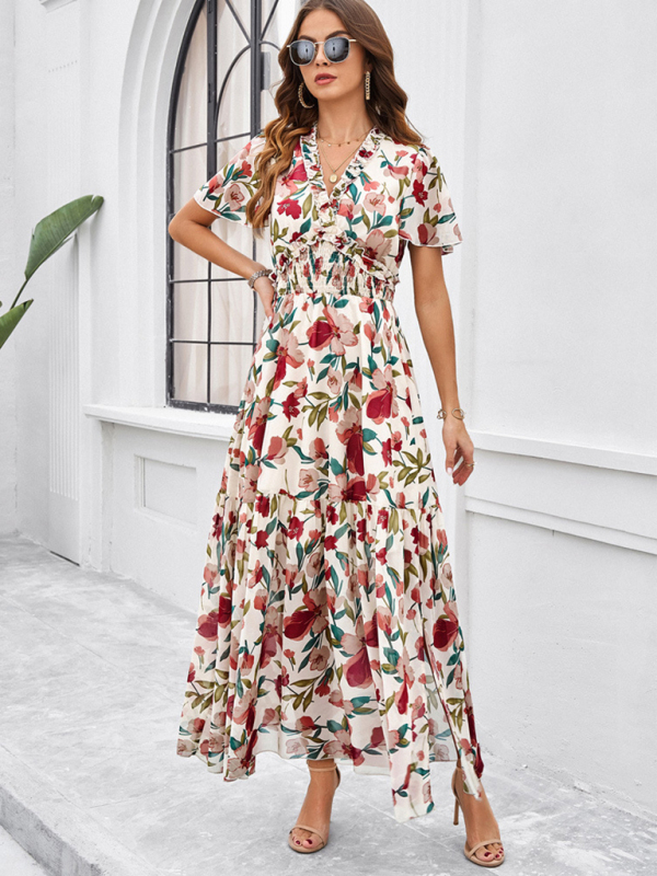 Spring and summer new temperament casual printed waist dress-chiquechics
