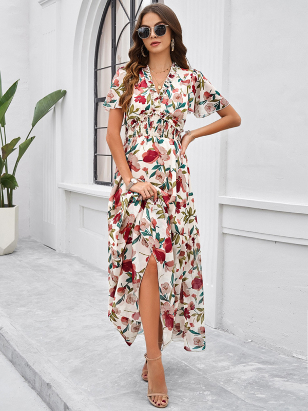 Spring and summer new temperament casual printed waist dress-chiquechics