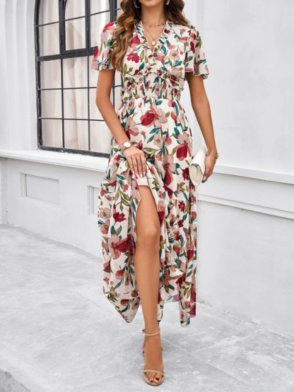 Spring and summer new temperament casual printed waist dress-chiquechics