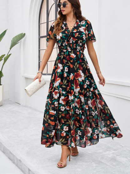 Spring and summer new temperament casual printed waist dress-chiquechics